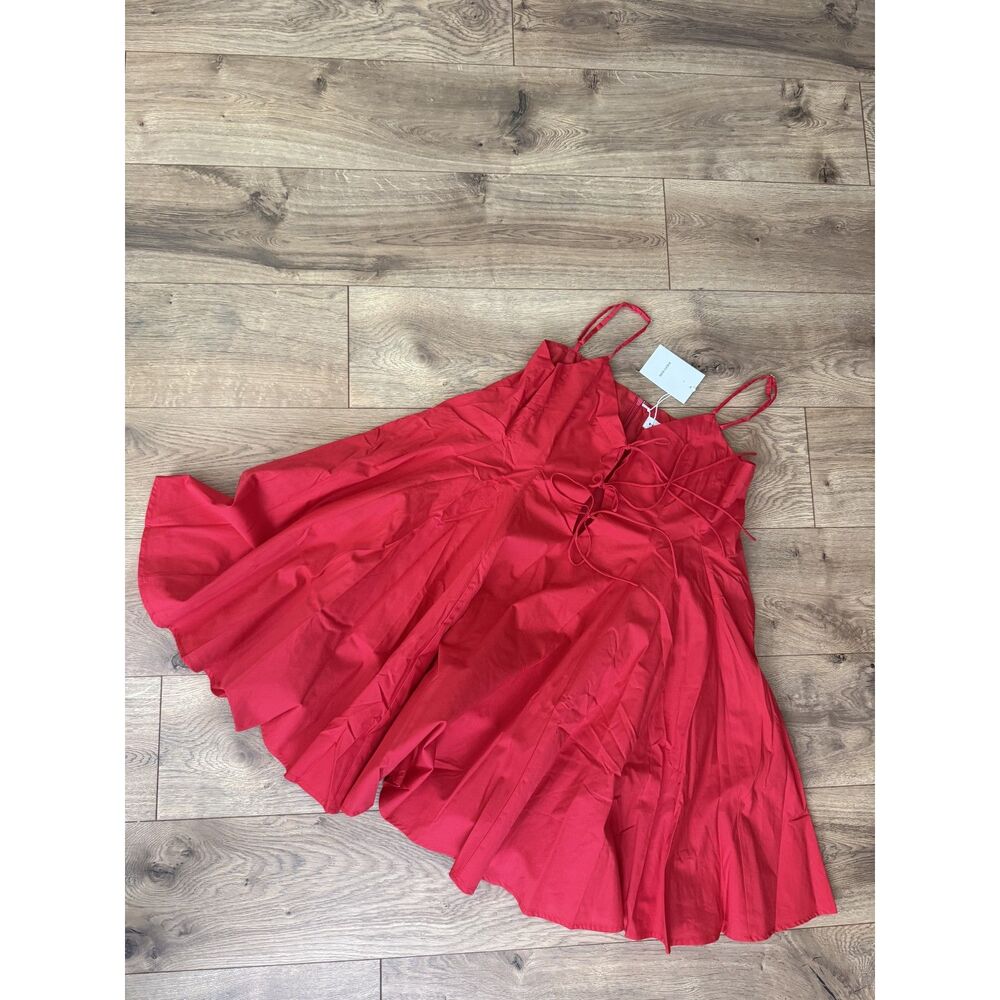 AUREUM L NWT Pleated Poplin mini red spaghetti strap bow tie cotton dress